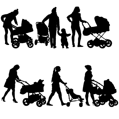 Set silhouettes walkings mothers with baby strollers on a white background.