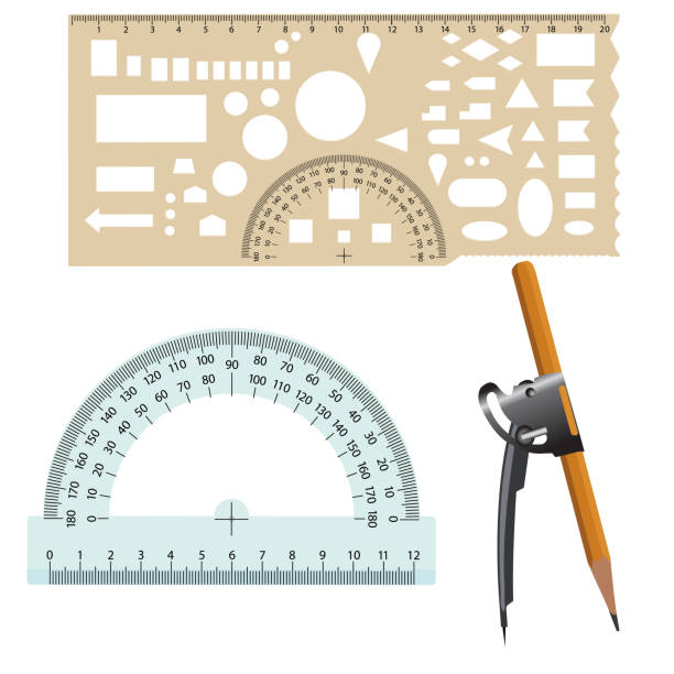 눈금자 나침반과 흰색 배경에 각도기 그리기 도구 - drawing compass protractor architecture caliper stock illustrations