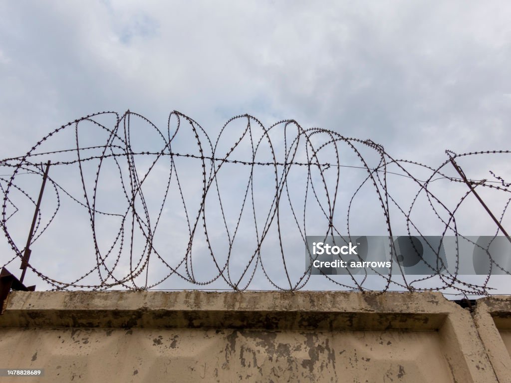 Coiled barbed wire fencing against a blue sky background Coiled barbed wire fencing against a blue sky background. Backgrounds Stock Photo