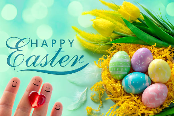 Multi colored Easter eggs, tulip flowers and happy finger family with a red heart. Happy Easter lettering. Defocused lights bokeh background.