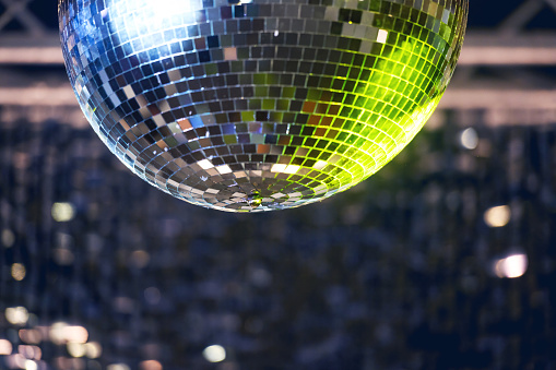 Close-up of a reflective disco ball in a nightclub