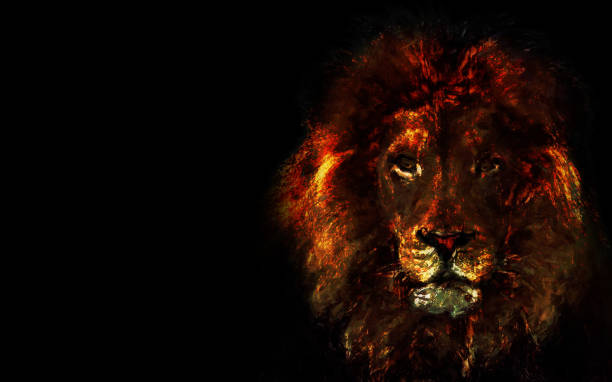 Painted Lion Head Side on Black Background