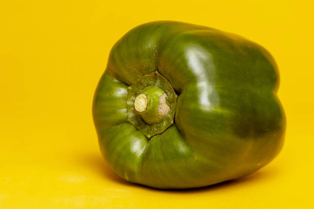 Dark green smooth reflecting skin of a paprika or bell pepper.