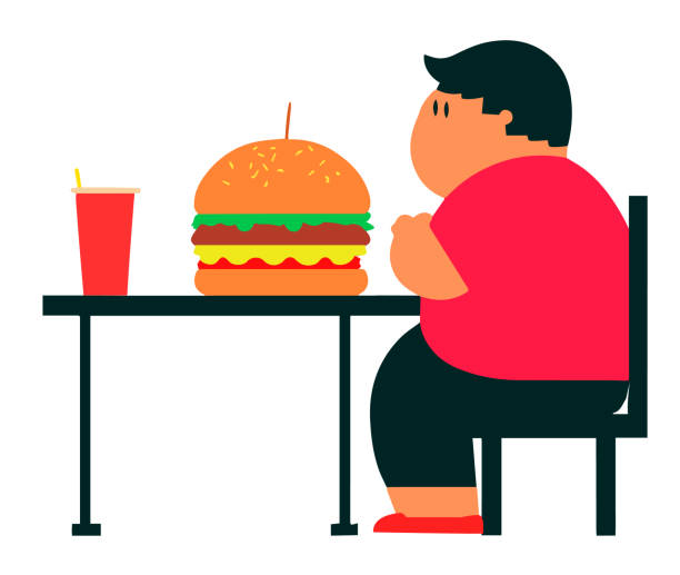 einfache und minimalistische vektorillustration eines dicken jungen, der mit einem riesigen hamburger und einem erfrischungsgetränk auf dem tisch sitzt, konzept von fast food, ungesundem essen, ernährung... - teen obesity stock-grafiken, -clipart, -cartoons und -symbole