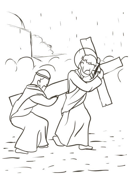 illustrations, cliparts, dessins animés et icônes de via crucis dessin représentant quand simon de cyrène aide jésus à porter la croix, illustration vectorielle - simon the cyrene