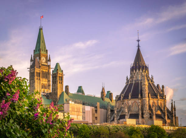 parliament of canada and the library of parliament with lilacs - ottawa imagens e fotografias de stock