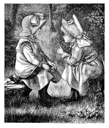 Two girls sit on the ground and talk in the woods. Illustration published 1889. Original edition is from my own archives. Copyright has expired and is in Public Domain.