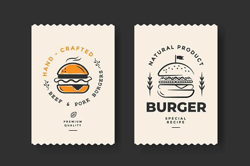 Burger vintage product label template with stylized burgers. Cheeseburger emblem for products packaging design. Stamp for menu design restaurant or cafe. Fast food logo or icon. Vector