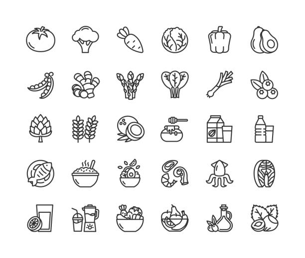 ilustraciones, imágenes clip art, dibujos animados e iconos de stock de iconos de la línea de alimentos saludables. trazo editable. - healthy eating symbol dieting computer icon
