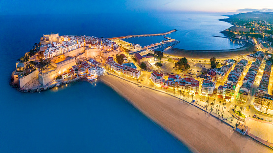 Peniscola Peñiscola village aerial view skyline at sunset in Castellon on Mediterranean sea of Spain. Costa del Azahar beach coast