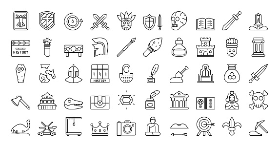 A collection of linear icons representing various aspects of historical events and periods.