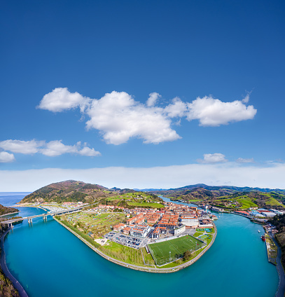 Orio village skyline aerial view in Guipuzcua Gipuzkoa Basque Country with Oria River of Spain. Cantabrian Sea beach