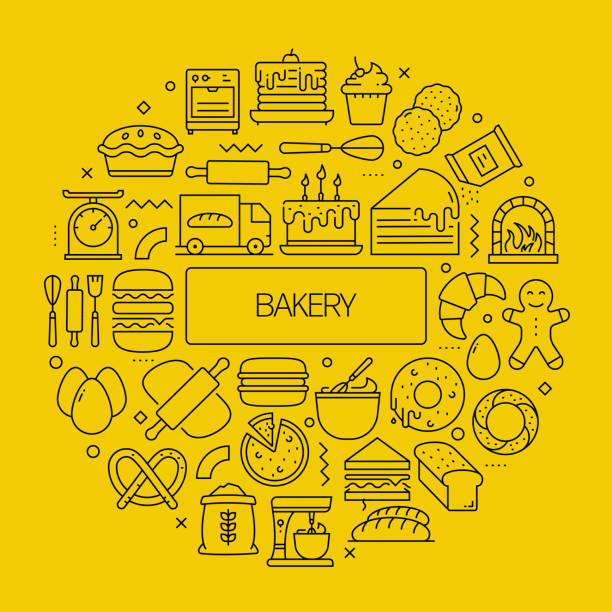 baner internetowy piekarni z ikonami liniowymi, modny wektor w stylu liniowym - baking food cookie breakfast stock illustrations