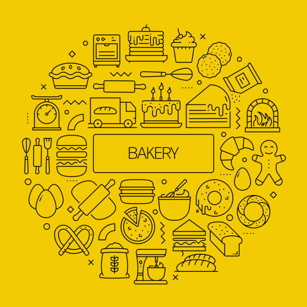 веб-баннер bakery с линейными иконками, модный вектор линейного стиля - backgrounds baked bakery breakfast stock illustrations