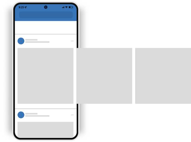 illustrazioni stock, clip art, cartoni animati e icone di tendenza di mockup dei post sui social network. modello di interfaccia utente per smartphone con dispositivo di scorrimento dell'app per social media - modello dimostrativo