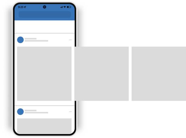 макет поста в социальной сети. смартфон с шаблоном пользовательского интерфейса слайдера приложения для социальных сетей - myspace stock illustrations
