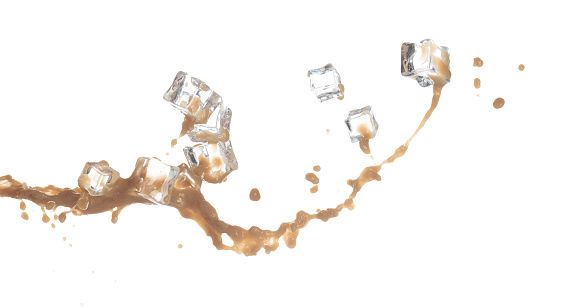 Milk Tea fall ice cube cool pouring down in Shape form line. Milk Ice coffee splash into drop dropet, chocolate cocoa attack fluttering explosion in air. White background isolated, stop motion freeze