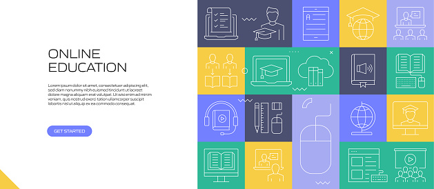 ONLINE EDUCATION Web Banner with Linear Icons, Trendy Linear Style Vector