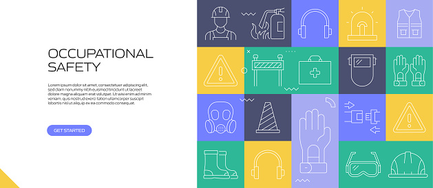 WORK SAFETY Web Banner with Linear Icons, Trendy Linear Style Vector