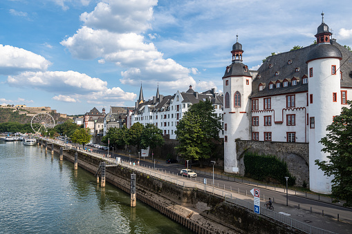 Old buildings lined along Moselle River in Koblenz, Rhineland-Palatinate, Germany
