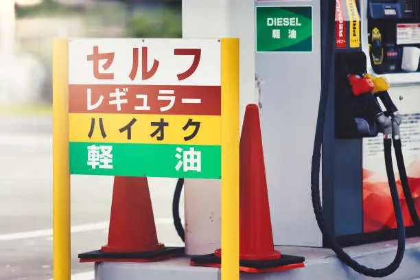 Photo of Self-service petrol stations in Japan.Translation: self, regular, high-octane, and high-speed gas oil