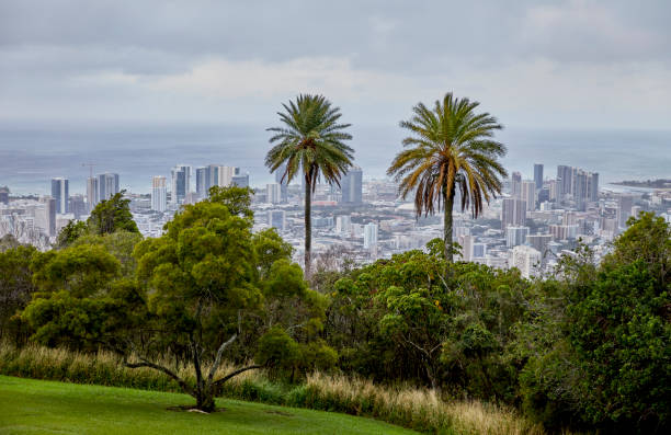 View overlooking Honolulu, Hawaii during a Rainy Sunrise