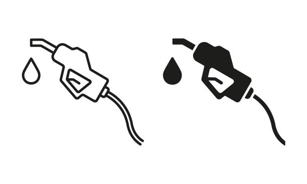 ilustrações, clipart, desenhos animados e ícones de suporte de bico de combustível com mangueira na linha do posto de gasolina e conjunto de ícones de silhueta. bomba de energia de petróleo no símbolo do posto de gasolina no fundo branco. bico de enchimento fóssil. ilustração vetorial isolada - fuel pump gas station gasoline fossil fuel