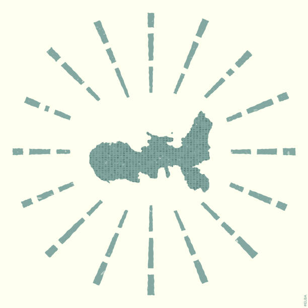 エルバ島のロゴ。島の地図が付いたグランジサンバーストポスター。周りにサンバースト光線が入った16進数で満たされたエルバの形。エレガントなベクターイラスト。 - isle of elba点のイラスト素材／クリップアート素材／マンガ素材／アイコン素材