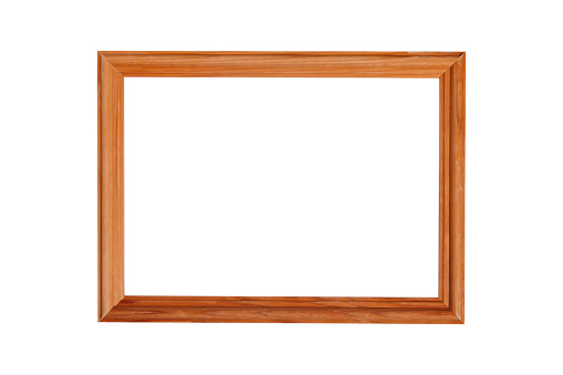 Old wooden stylish frame at empty white isolated background, illustration. Decorative modern wood frame for image framing, design. Style border concept. Copy text space for advertising