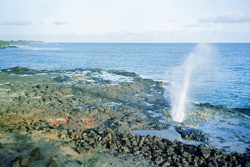 A vintage 1980s film photograph of the Nakalele Blowhole in Maui, Hawaii.