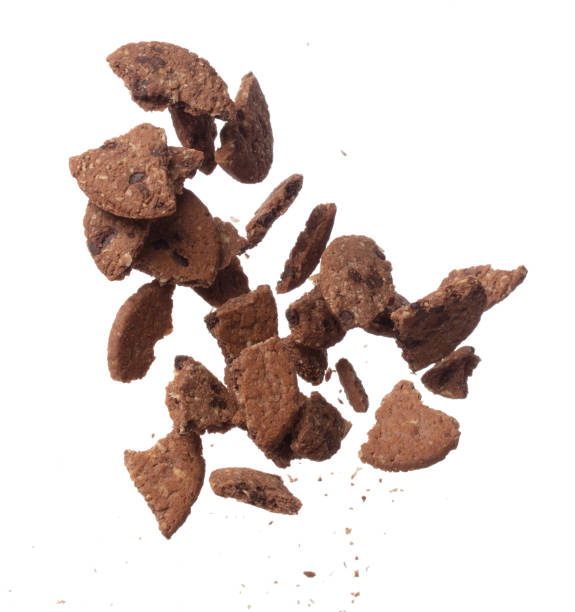 istock Cookie Chocolate ship fall fly in mid air, Cocoa Cookie Chocolate ship floating. Cookie Chocolate ship round crack crunch throw in air. White background isolated freeze motion high speed shutter 1478901440