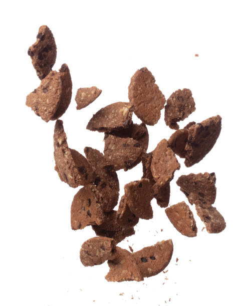 istock Cookie Chocolate ship fall fly in mid air, Cocoa Cookie Chocolate ship floating. Cookie Chocolate ship round crack crunch throw in air. White background isolated freeze motion high speed shutter 1478901450