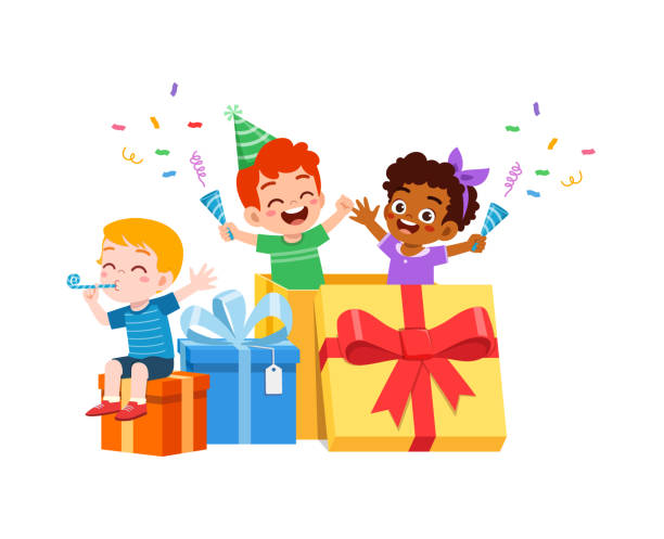 小さな子供が誕生日を祝い、大きなギフトボックスの中で遊ぶ - gift little boys people blond hair点のイラスト素材／クリップアート素材／マンガ素材／アイコン素材