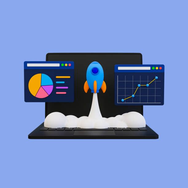 istock 3d minimal business launching concept. mission started. business analysis. marketing data analysis. Laptop with rocket launching and statistics data. 3d illustration. clipping path included. 1478909219