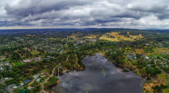 Drone views of Lake Sambell on an overcast day in Beechworth Victoria