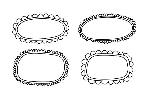 Doodle oval and square scalloped frames. Hand drawn scalloped edge rectangle and ellipse shapes. Simple label form. Flower silhouette lace frame. Vector illustration isolated on white background.