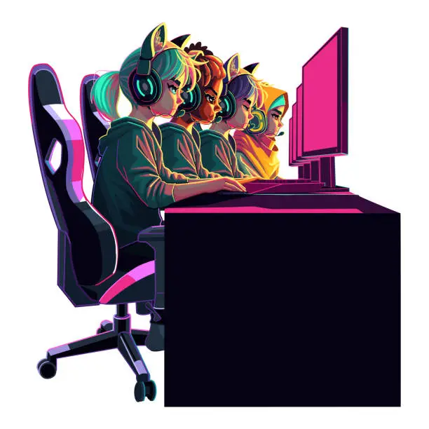 Vector illustration of Team of diverse girls gamers or programmers sitting in front of a computers in a headsets.