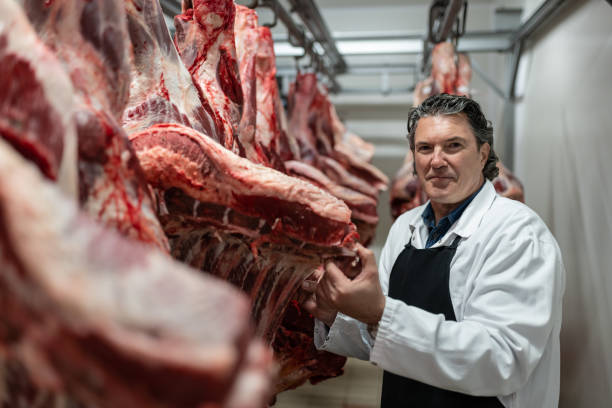 istock Butcher in the butcher's cold room. 1478916235