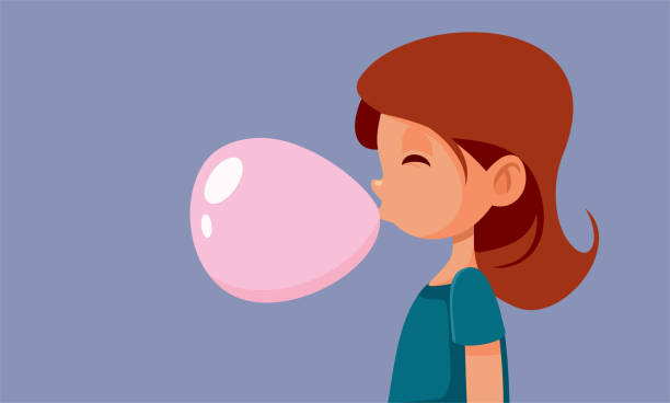분홍색 딸기 맛 껌 벡터 일러스트 레이 션을 씹는 어린 소녀 - chewing gum candy bubble little girls stock illustrations