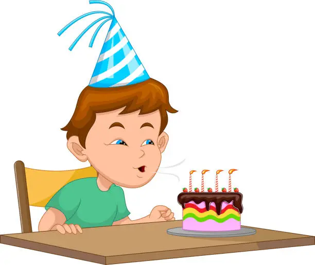 Vector illustration of boy blowing out candles on birthday party