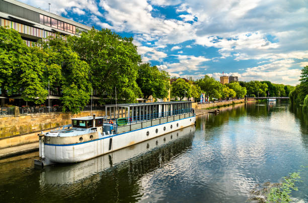 Boat on the Neckar river in Heilbronn, Germany Boat on the Neckar river in Heilbronn - Baden-Wurttemberg, Germany heilbronn stock pictures, royalty-free photos & images