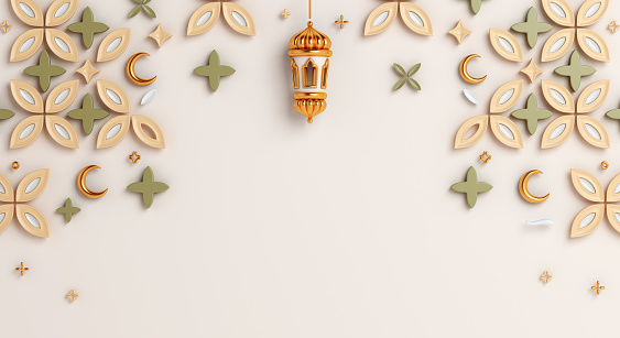 Islamic decoration background with lantern, crescent, cartoon style, ramadan kareem, mawlid, iftar, isra  miraj, eid al fitr adha, muharram, copy space text area, 3D illustration.