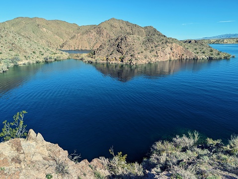 View of Ninety Foot Cove on Lake Mohave, from an overlook near Davis Dam in Clark County, Nevada