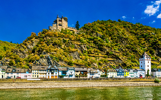 Katz Castle above Sankt Goarshausen town in the Upper Middle Rhine Valley. UNESCO world heritage in Germany
