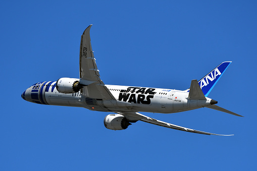 Tokyo, Japan - March 19, 2023: All Nippon Airways (ANA) Boeing B787-9 Dreamliner (JA873A) passenger plane. Star Wars R2-D2 scheme.