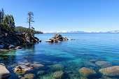 Lake Tahoe with snowcapped mountains and clear blue sky behind, California