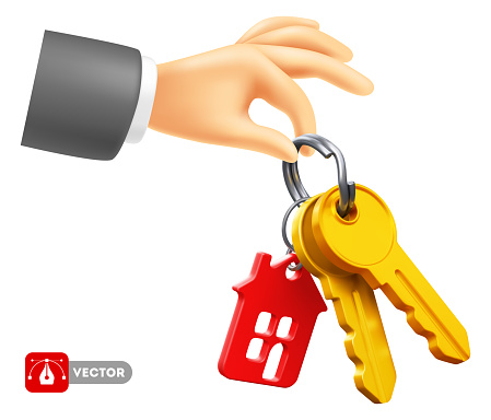 Hand holds keys with keychain in the form of house. Real estate concept, buying, selling, protection, security, property insurance. Isolated on white background. Vector 3d realistic illustration