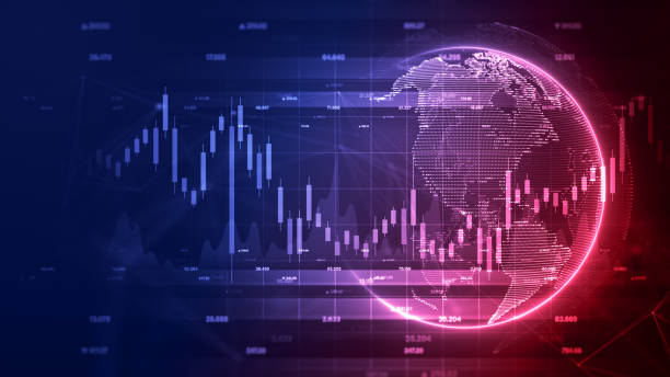 antecedentes de inversión, recesión mercado global, crisis, inflación, deflación, datos digitales inversión financiera y tendencias comerciales, diagrama financiero con gráficos números de acciones, representación 3d - trading floor fotografías e imágenes de stock