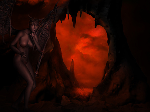 Fantasy scene with succubus and cave