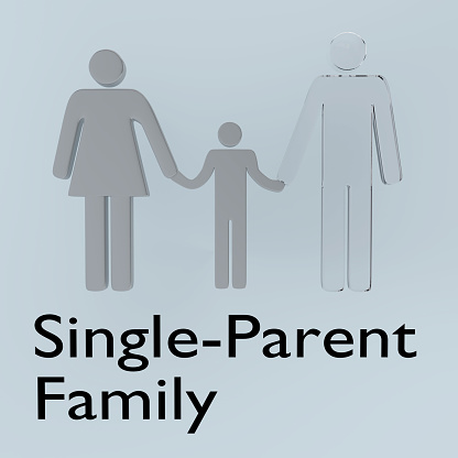 3D illustration of a child holding hands with his mother and a transparent image of a man resembling the missing father, titled as Single-Parent Family.